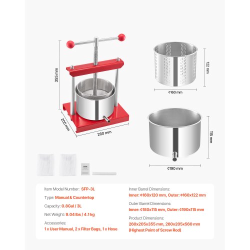 VEVOR Obstweinpresse Manuelle Presse Weinherstellung 3L Edelstahl Apfelpresse