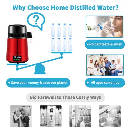 VEVOR Wasser Destillierer 1L / H Haushalt Rotes Wasserdestilliergerät Destilliertes Wasser herstellen 750 W, Doppelter Bildschirm Edelstahl Distilleranlage mit Glaskanne Reinwasser destilieren