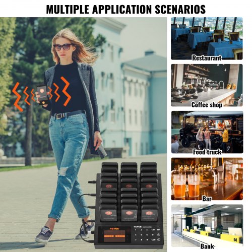 VEVOR Restaurant-Pager-System, Kabelloses Warteschlangensignal mit 400 m Reichweite, Piepser zur Rufannahme von Gästen mit Vibration und Blinken, 24 Pager für Imbisswagen, Kirche