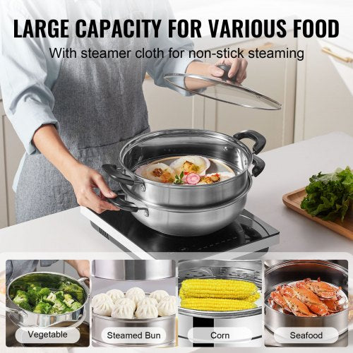 VEVOR 28cm Dampfgarer Topf Edelstahl mit Glasdeckel, 1 Etagen (1x Dampfkochtopf und 1x Suppentopf)Dampfkocher Dampftopf Induktion Gardampftopf Dampfkochtopf Kochtopf für Gemüse, Fisch, Suppe, Knödel