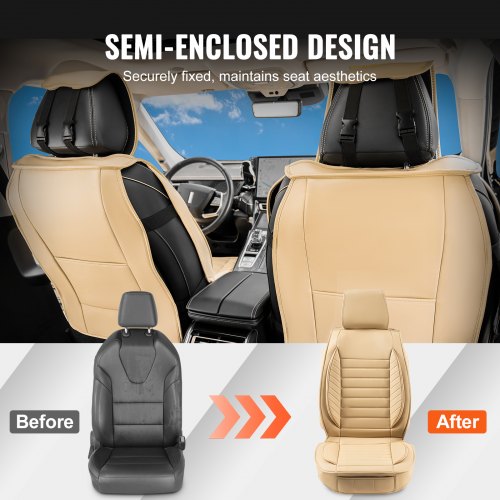 VEVOR Sitzbezüge, Universal Autositzbezüge Vordersitze, 2 Stk. Kunstleder Sitzbezug, Halbgeschlossenes Design, abnehmbare Kopfstütze und Airbag kompatibel, für die meisten Autos SUVs und Trucks Beige