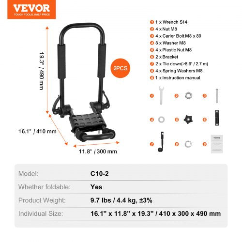 VEVOR Kajak-Dachgepäckträger, 1 Paar J-Bar, Weicher Dachgepäckträger, Zusammenklappbar, Befestigung Oben, Träger für Kajak, Surfbrett, Kanu, SUP, Skiboard, Montage an Auto, SUV, Lkw, 1 Kajak