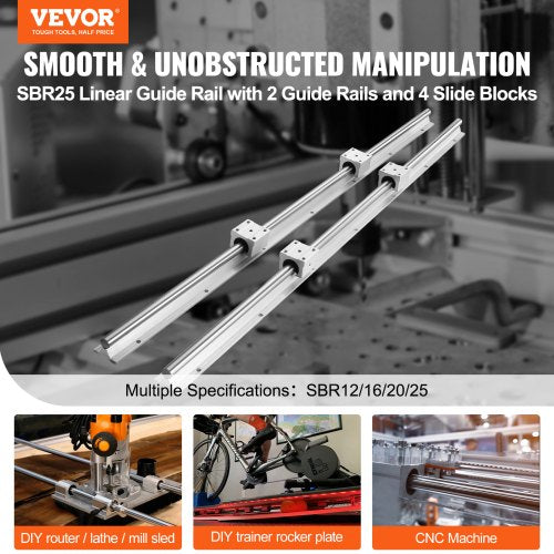 VEVOR Linearführungsschienen-Set, SBR25 1200 mm, 2 Stück 47,2 Zoll/1200 mm SBR25 Führungsschienen und 4 Stück SBR25UU Gleitblöcke, Linearschienen und Lagersatz für automatisierte Maschinen, DIY-Projek