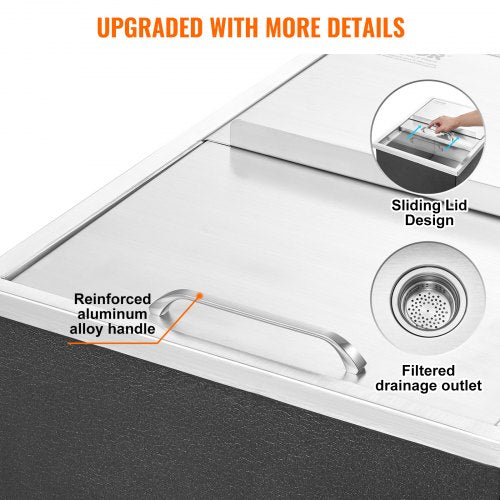 VEVOR 55,23 L Drop-in-Eisbox, 608 x 457 x 333 mm Edelstahl-Eiskühler, Kommerzieller Eisbehälter mit Schiebedeckel, Eingebaute Eisspeichertruhe, Abflussrohr &amp; Ablassstopfen im Lieferumfang Enthalten