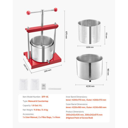 VEVOR Obstweinpresse Manuelle Presse Weinherstellung 6L Edelstahl Obstmühle