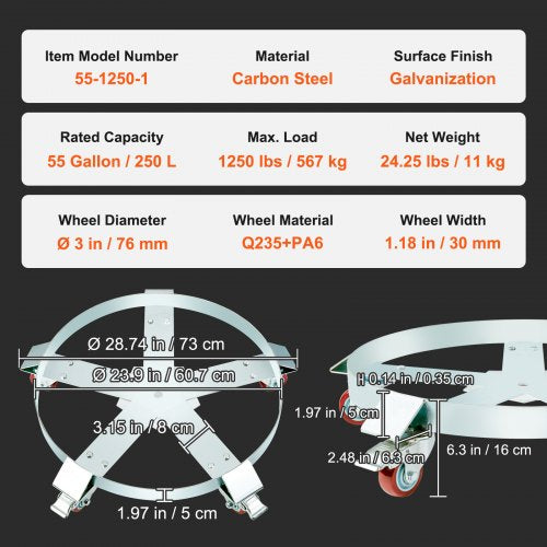 VEVOR Fassroller 250L Transportroller Kohlenstoffstahl Rollbrett Innendurchmesser Ø607mm Fasswagen mit 5 Universalrädern (2 mit Bremsen) Transportwagen zum Transport von Fass bis zu 567kg