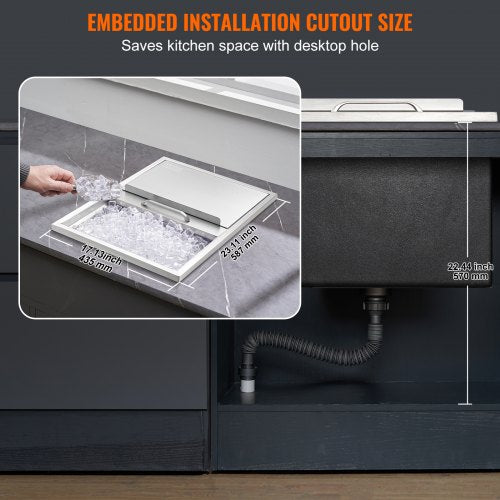 VEVOR 55,23 L Drop-in-Eisbox, 608 x 457 x 333 mm Edelstahl-Eiskühler, Kommerzieller Eisbehälter mit Schiebedeckel, Eingebaute Eisspeichertruhe, Abflussrohr &amp; Ablassstopfen im Lieferumfang Enthalten