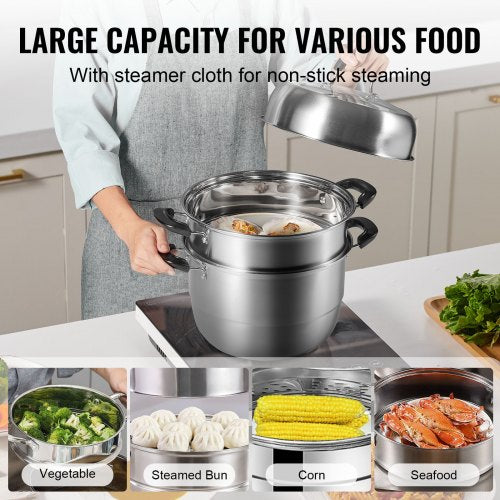 VEVOR 28cm Dampfgarer Topf Edelstahl mit Glasdeckel, 3 Etagen Dampfkocher Dampftopf Induktion Gardampftopf Dampfkochtopf Kochtopf Ideal für Gemüse, Fisch, Suppe, Knödel (inkl. 2 Dampfgarer-Einsätze)