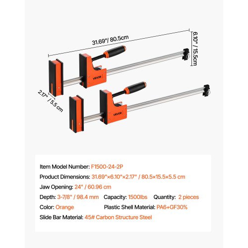 VEVOR 2 x Stangenklemmen für Holzbearbeitung 60,96cm Parallelklemmen-Set Orange