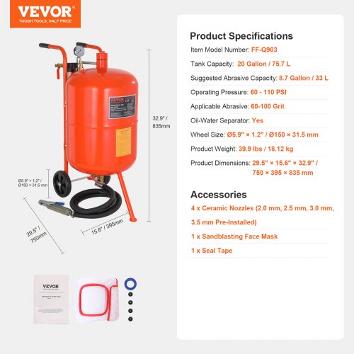 VEVOR Mobiles Sandstrahlgerät 75,7 L Sandstrahlanlage ca. 244 cm Arbeitsschlauch Sandstrahler 60–110 PSI Arbeitsdruck ideal zum Entfernen von Rost, Farbe, Flecken und das Polieren großer Flächen