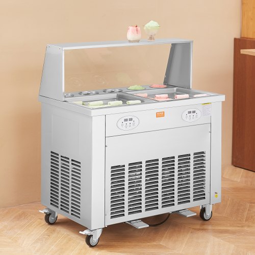 VEVOR Maschine für frittierte Eisrollen, 2 Stück 380 x 380 mm Quadratische Pfannen zum Frittieren von Eis, Kommerzielle Eismaschine aus Edelstahl mit Kompressor und 4 Schabern