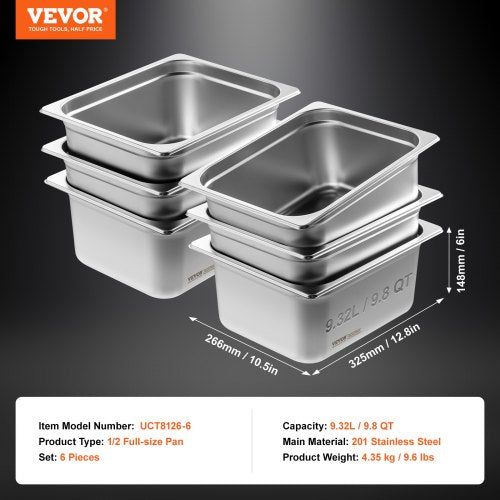 VEVOR 6 x Hotelpfannen Gastronormbehälter Edelstahl 1/2-Größe 325x266x148mm