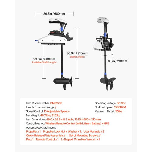 VEVOR Elektro Außenborder 25kg 12V Schub Trolling Bootsmotor 915mm Schaft