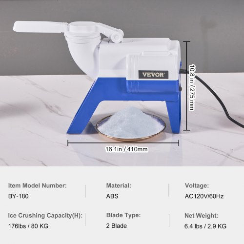 VEVOR Eiszerkleinerungsmaschine Eisrasiermaschine Eisrasierer 80 kg/h, ABS Eiszerkleinerungsrasierer 180 W, 410 x 172 x 275 mm Energieeinsparung Hersteller mit Kunststoffschale &amp; 2 Klingen