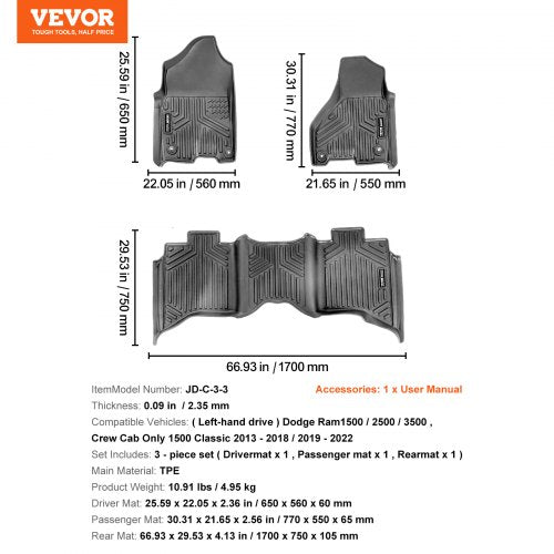 VEVOR Autofußmatten für Dodge Ram 1500/2500/3500 1500 Classic 2013–2022