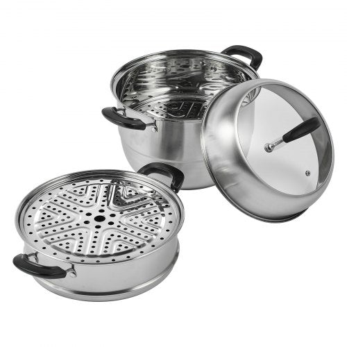 VEVOR 28cm Dampfgarer Topf Edelstahl mit Glasdeckel, 3 Etagen Dampfkocher Dampftopf Induktion Gardampftopf Dampfkochtopf Kochtopf Ideal für Gemüse, Fisch, Suppe, Knödel (inkl. 2 Dampfgarer-Einsätze)