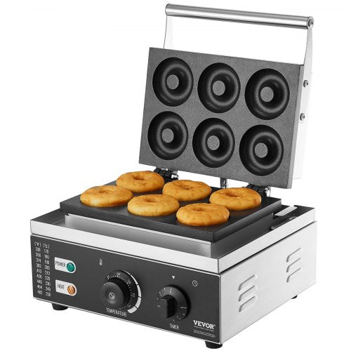 VEVOR Elektrischer Donutmaker, 1550 W Kommerzielle Donutmaschine mit Antihaftbeschichtung, 6 Löcher, Doppelseitige Heizwaffelmaschine für 6 Donuts, 50–300 °C, für Restaurants und den Heimgebrauch