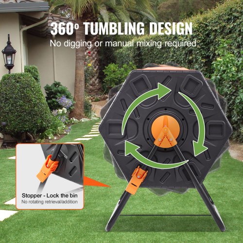 VEVOR Tumbling-Komposterbin Komposter Tumbler 70 L, Trommelkomposter 360° Drehbar Multifunktionaler Tumbling Komposter 605 x 510 x 730 mm, 20 kg Belastbarer Garten Kompostbehälter inkl. Handschuhe