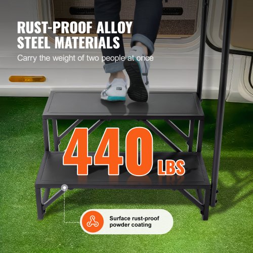 VEVOR Wohnmobil-Stufen, 2-stufige Wohnmobil-Treppe, 200 kg Tragkraft, Verdickter Kohlenstoffstahl, mit Handlauf, rutschfeste Stufen für sicheres Ein- und Aussteigen, geeignet für Wohnmobil, Anhänger