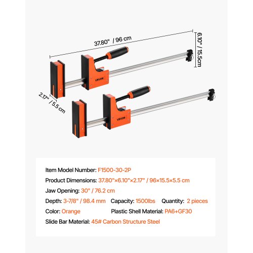 VEVOR 2 x Stangenklemmen für Holzbearbeitung 762mm Parallelklemmen-Set Orange