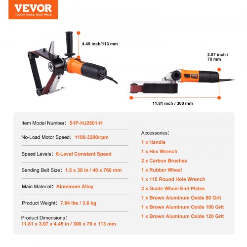 VEVOR Rohrpolierer, Schleifgerät, 1300 W, 6 variable Geschwindigkeiten mit 3 Schleifbändern