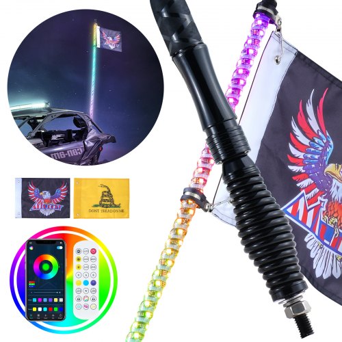 VEVOR 1 Stück 3 Fuß Peitschenlicht mit Federsockel, LED-Peitschenlicht mit App &amp; Fernbedienung, Wasserdichte 360°-Spiral-RGB-Peitsche mit Lauflicht &amp; 2 Flaggen, für UTVs, ATVs, Motorräder, RZR