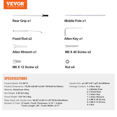 VEVOR Landschaftsrechen, 36-Zoll-Kopf, Aluminium-Landschaftsrechen, 75 Zoll, verstellbarer Griff