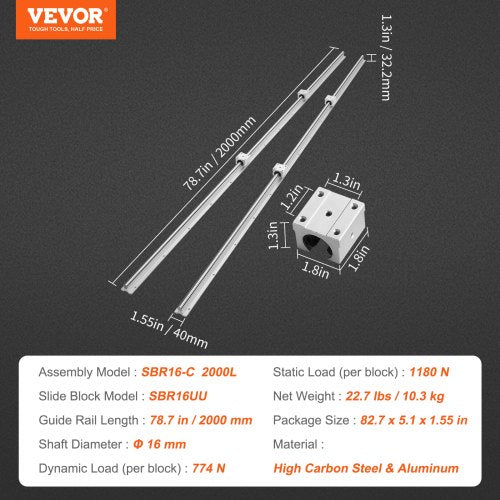 VEVOR Linearführungsschienen-Set, SBR16 2000 mm, 2 Stück 78,7 Zoll/2000 mm SBR16 Führungsschienen und 4 Stück SBR16UU Gleitblöcke, Linearschienen und Lagersatz für automatisierte Maschinen, DIY-Projek