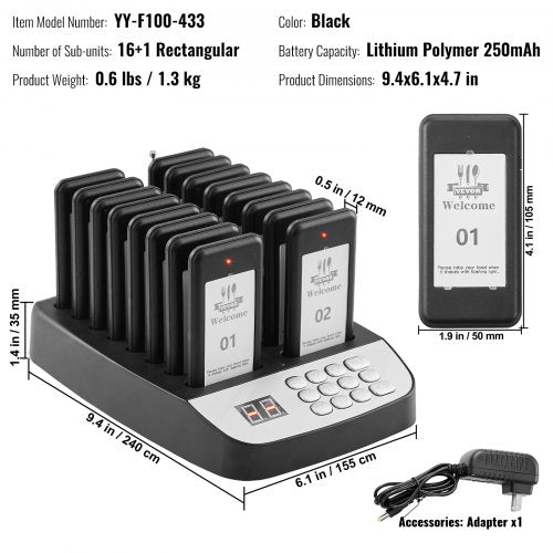 VEVOR Restaurant-Pager-System, Kabelloses Warteschlangensignal mit 500 m Reichweite, Piepser zur Rufannahme von Gästen mit Vibration und Blinken, 16 Pager für Imbisswagen, Kirche