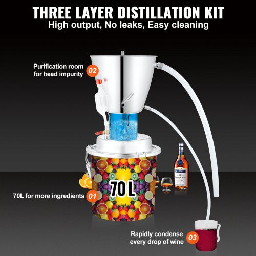 VEVOR Destillieranlage Wasser Alkohol Destillierer 70L,Haus Destillieranlage Destille Alkohol Silber 220-240V Moonshine Destilliermaschine