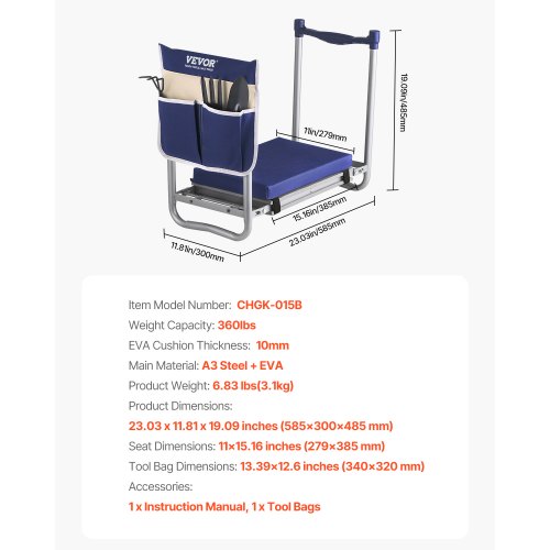 VEVOR Kniebank Kniekissen Kniehilfe Gartensitz Arbeitshocker 585x300x485mm