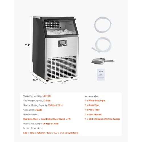 VEVOR Kommerzieller Eisbereiter Freistehende Eismaschine 58,97kg/Tag LED Anzeige