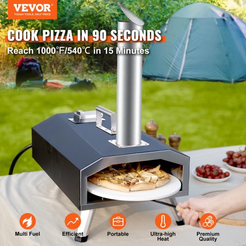 VEVOR Tragbarer Pizzaofen Outdoor 304,8 mm, Gas Holzpellets Holzkohle Pizzaofen, Edelstahl Pizzaofen, Max. 540 ℃ Holzpelletsschaufel &amp; Pizzastein &amp; Tragetasche –  Premium Pizza Holzofen für Garten