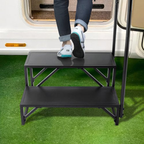 VEVOR Wohnmobil-Stufen, 2-stufige Wohnmobil-Treppe, 200 kg Tragkraft, Verdickter Kohlenstoffstahl, mit Handlauf, rutschfeste Stufen für sicheres Ein- und Aussteigen, geeignet für Wohnmobil, Anhänger