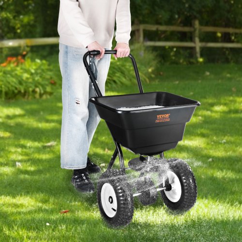 VEVOR 36,29 kg Dünger Streuwagen Saatgutstreuer mit 12-Zoll-Rädern, Stahlspießbelüfter Düngerstreuer, Gartensämaschine &amp; Salzstreuer, für Wohngebäude, Bauernhöfe, Schwieriges Gelände Schwarz