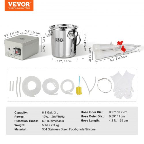 VEVOR Melkmaschine 3-L-Eimer aus 304-Edelstahl, tragbarer, automatisch pulsierender elektrischer Vakuummelker mit Bechern und Silikonschlauch in Lebensmittelqualität, einstellbare Absaugung für Schafe