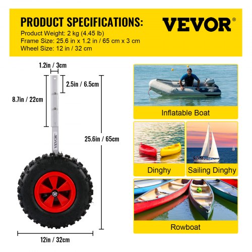 VEVOR Slipräder Starträder 12", Boot Räder für aufblasbares Schlauchboot 600 lbs Tragfähigkeit, Heckräder Schlauchbooträder zum Ziehen auf Gras Sand Schmutz mit 2 Paar Schnellverschlussbolzen
