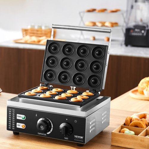 VEVOR Elektrischer Donutmaker, 1550 W Kommerzielle Donutmaschine mit Antihaftbeschichtung, 12-Loch-Waffelmaschine mit Doppelseitiger Heizung für 12 Donuts, für Restaurants und den Heimgebrauch
