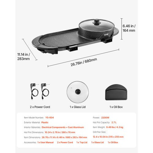 VEVOR Hot Pot mit Grill 2200W 2-in-1 Elektrischer rauchfreier Grill und Hot Pot