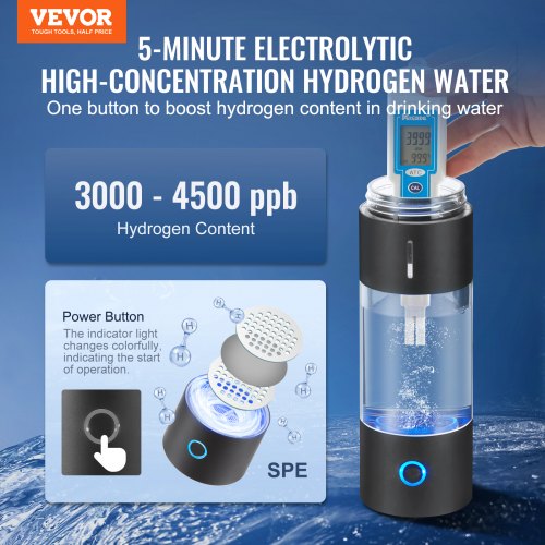 VEVOR Wasserstoff-Wasserflaschengenerator, tragbarer Wasserstoff-Wasserbereiter 230 ml, wasserstoffreiches Wasserionisationsgerät mit SPE-Technologie, mit Nasen-Inhalationsschlauch &amp; Selbstreinigung