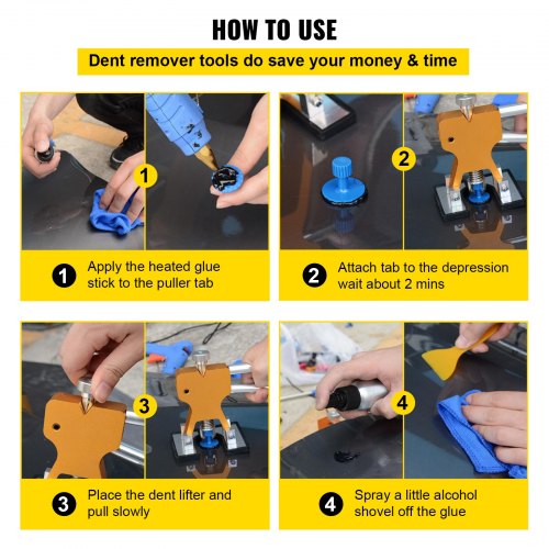 VEVOR 89-teilig Auto Dellen Reparaturset, Paintless Ausbeulwerkzeug, Dent Repair Set Removal Dent Tool, T-förmigen Dellen Abzieher / 10 Stangen (A6, B7-B11, C2, C4-C6) / Goldener Dellenheber