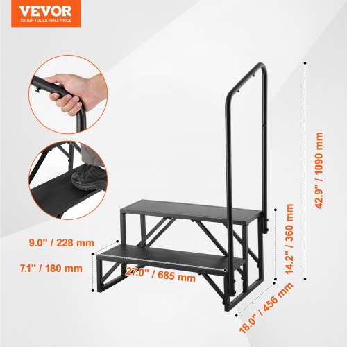 VEVOR Wohnmobil-Stufen, 2-stufige Wohnmobil-Treppe, 200 kg Tragkraft, Verdickter Kohlenstoffstahl, mit Handlauf, rutschfeste Stufen für sicheres Ein- und Aussteigen, geeignet für Wohnmobil, Anhänger