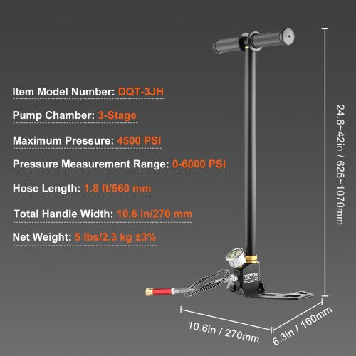 VEVOR Handluftpumpe, 4500 psi Luftgewehrpumpe, 310Bar PCP-Pumpe 3 Stage Luftgewehr Lade Stirrup Handpumpe, Handbügelpumpe Dreistufige Steigbügelpumpe, Handluftpumpe Kompletter Zubehörsatz