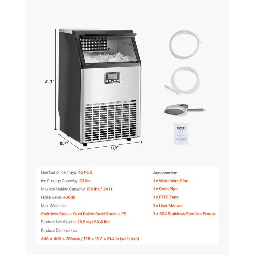 VEVOR Kommerzieller Eisbereiter, freistehender Schrank, Maschine, 150 lbs/24 h, 45 Eiswürfel