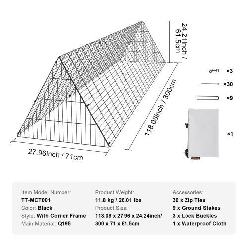 VEVOR Hühnertunnel, 300 x 71 x 61,5 cm Hühnerkäfig für den Hof, tragbare Hühnertunnel für den Außenbereich, einfache Installation, Hühnerstall-Auslauf, geeignet für Hühner, Enten, Kaninchen