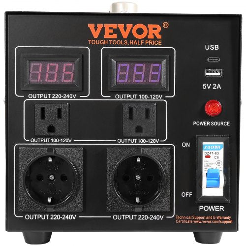 VEVOR 500VA Spannungswandler Transformator AC 110V⇋220V Transformer Wandler 2x US NEMA 5-15R 3-polige/ 2x standardmäßige europäische Shucko-Ausgangssteckdosen, 1x 5V-USB-Anschluss, 1x Typ-C-Buchse