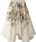 Womens Floral Tulle Skirts Layered Flowy Fairy Midi Skirt High Waist Tutu A-line Skirts Fashion Renaissance Skirt