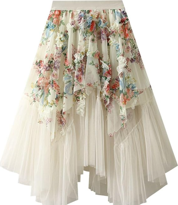 Womens Floral Tulle Skirts Layered Flowy Fairy Midi Skirt High Waist Tutu A-line Skirts Fashion Renaissance Skirt