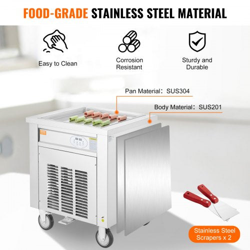 VEVOR Maschine für Frittierte Eisrollen, 50 x 50 cm Große Quadratische Pfanne zum Frittieren von Eis, Kommerzielle Eismaschine aus Edelstahl mit Kompressor und 2 Schabern
