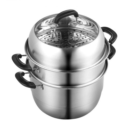 VEVOR 28cm Dampfgarer Topf Edelstahl mit Glasdeckel, 3 Etagen Dampfkocher Dampftopf Induktion Gardampftopf Dampfkochtopf Kochtopf Ideal für Gemüse, Fisch, Suppe, Knödel (inkl. 2 Dampfgarer-Einsätze)